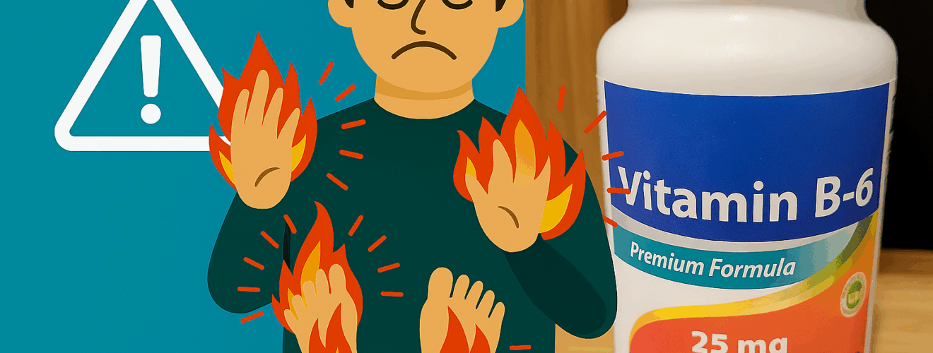 Man with burning hands and feet next to a bottle of vitamin B6