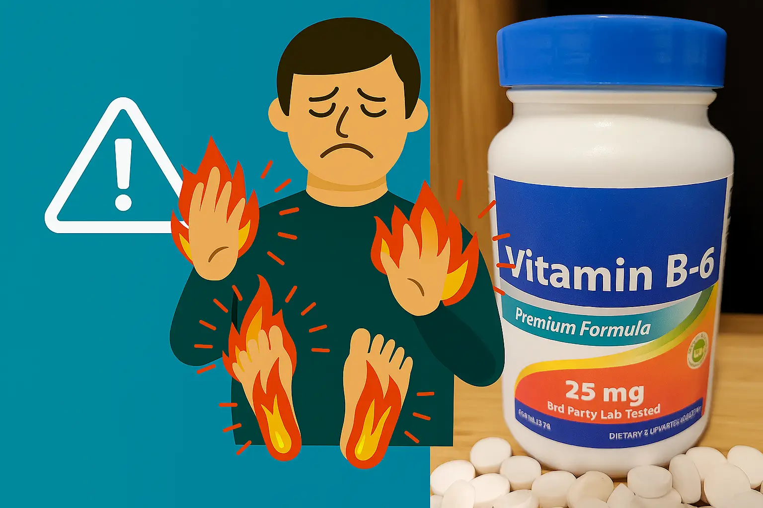 Man with burning hands and feet next to a bottle of vitamin B6