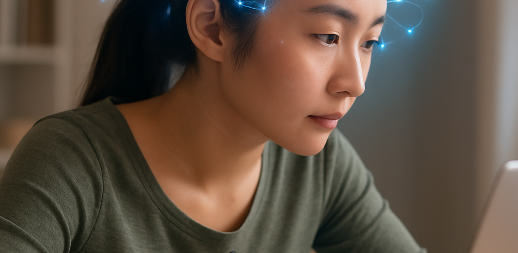 Woman at computer with buzzy neurons