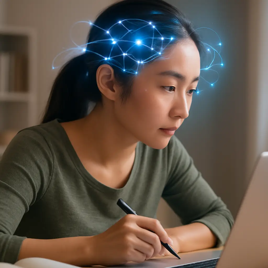 Woman at computer with buzzy neurons