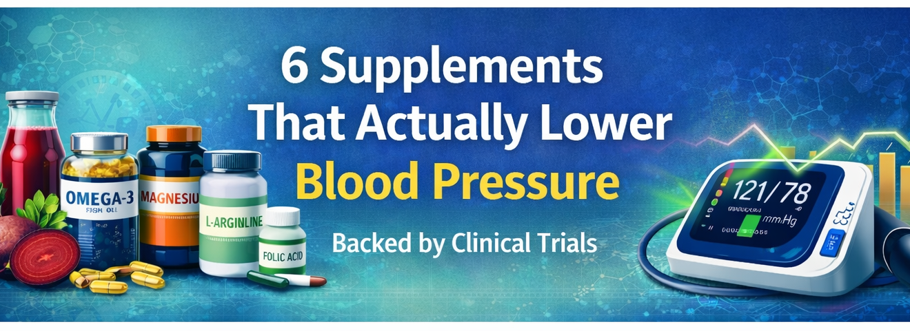 Six supplements shown with blood pressure monitor reading 121/78, representing clinically studied options for lowering blood pressure including magnesium, omega-3, beetroot juice, L-arginine, L-citrulline, and folic acid.