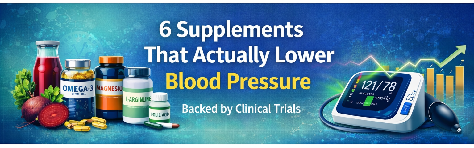 Six supplements shown with blood pressure monitor reading 121/78, representing clinically studied options for lowering blood pressure including magnesium, omega-3, beetroot juice, L-arginine, L-citrulline, and folic acid.