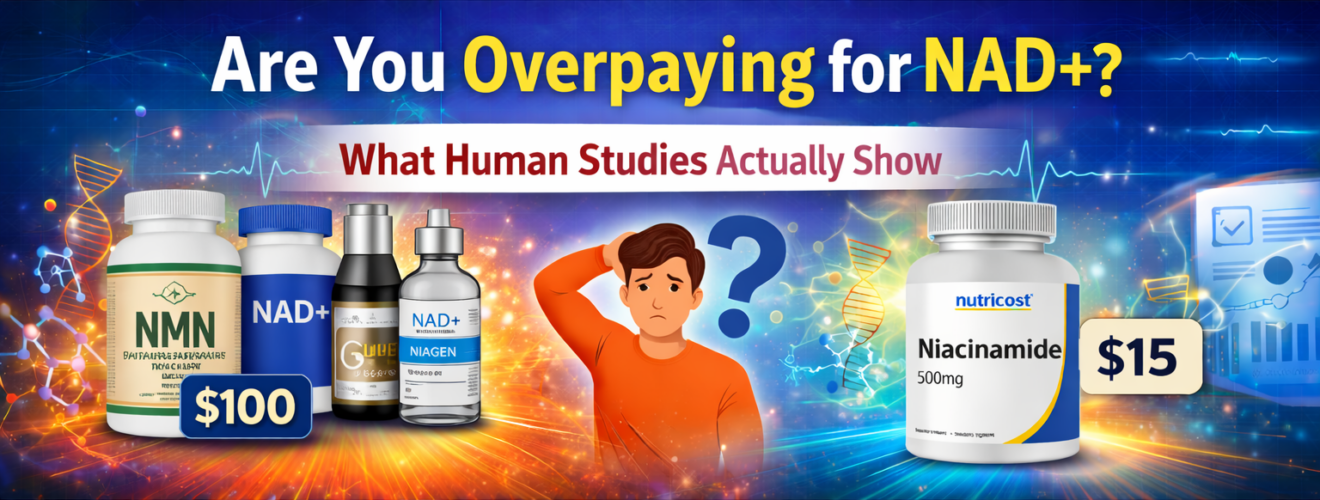 Hero banner asking “Are You Overpaying for NAD+?” showing high-cost NAD+, NMN, Niagen, injectable vial and liposomal NAD+ on the left versus $15 niacinamide on the right.