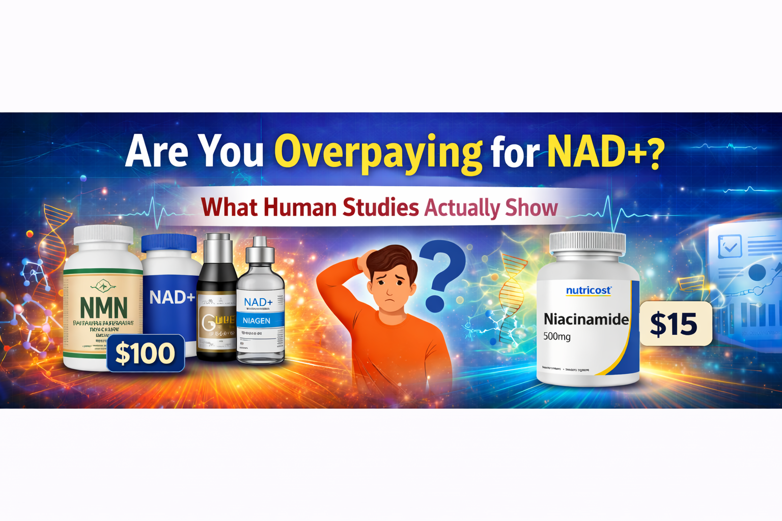 Hero banner asking “Are You Overpaying for NAD+?” showing high-cost NAD+, NMN, Niagen, injectable vial and liposomal NAD+ on the left versus $15 niacinamide on the right.