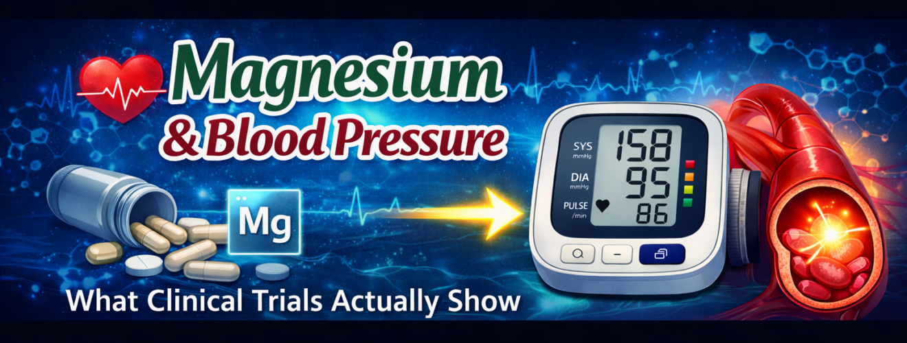 Hero banner showing “Magnesium & Blood Pressure” with a blood pressure monitor, magnesium capsules, and an artery illustration with an ECG background.