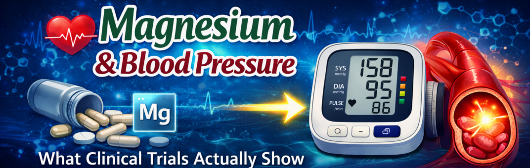 Hero banner showing “Magnesium & Blood Pressure” with a blood pressure monitor, magnesium capsules, and an artery illustration with an ECG background.